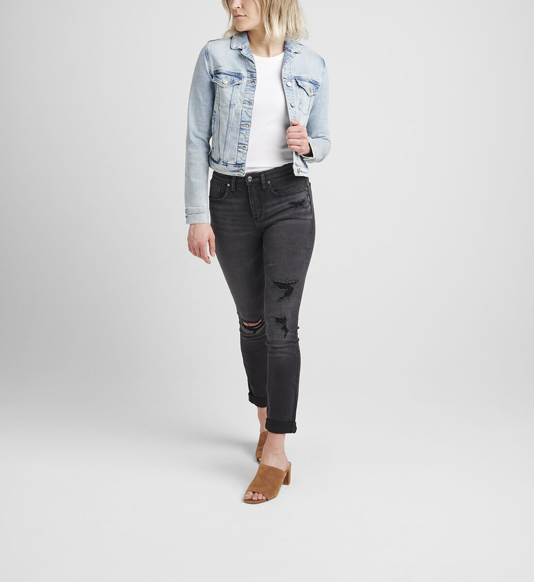 Fitted distressed top denim jacket