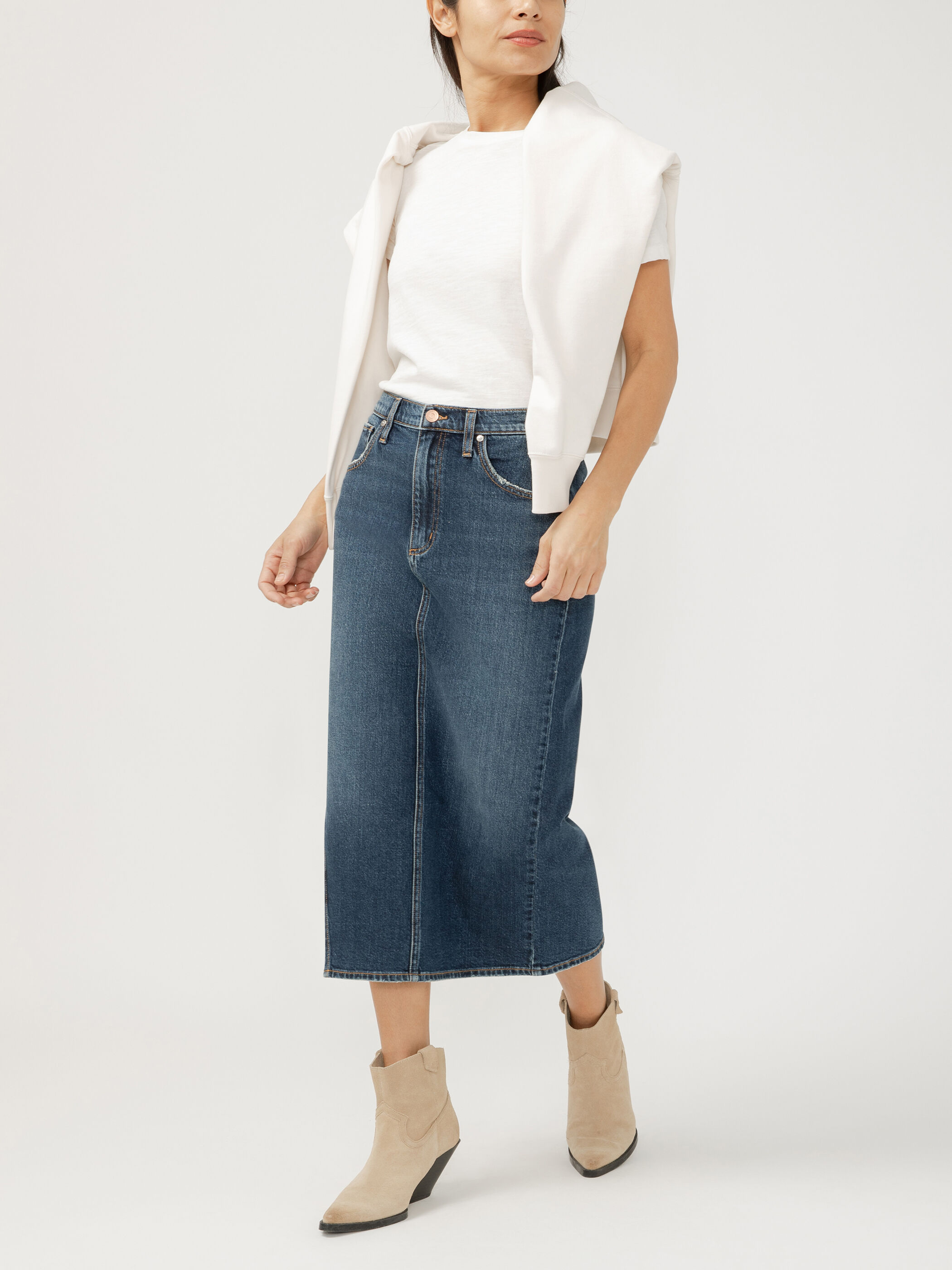 Women's Side Slit Denim Midi Skirt (Dolly) Size 24 by Silver Jeans