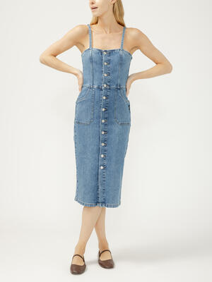 Button-Front Denim Midi Dress
