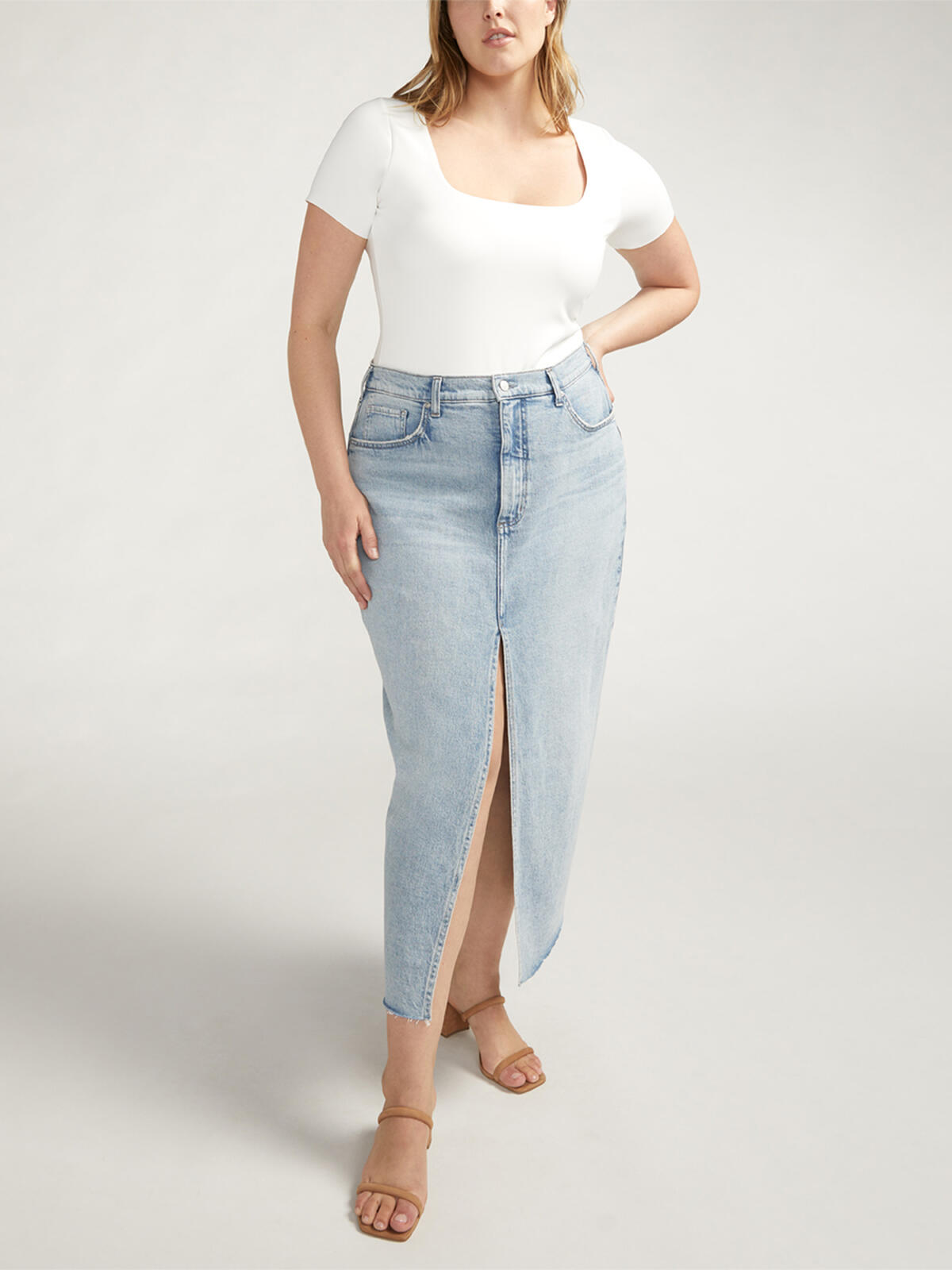 Front-Slit Midi Jean Skirt Plus Size image number 0
