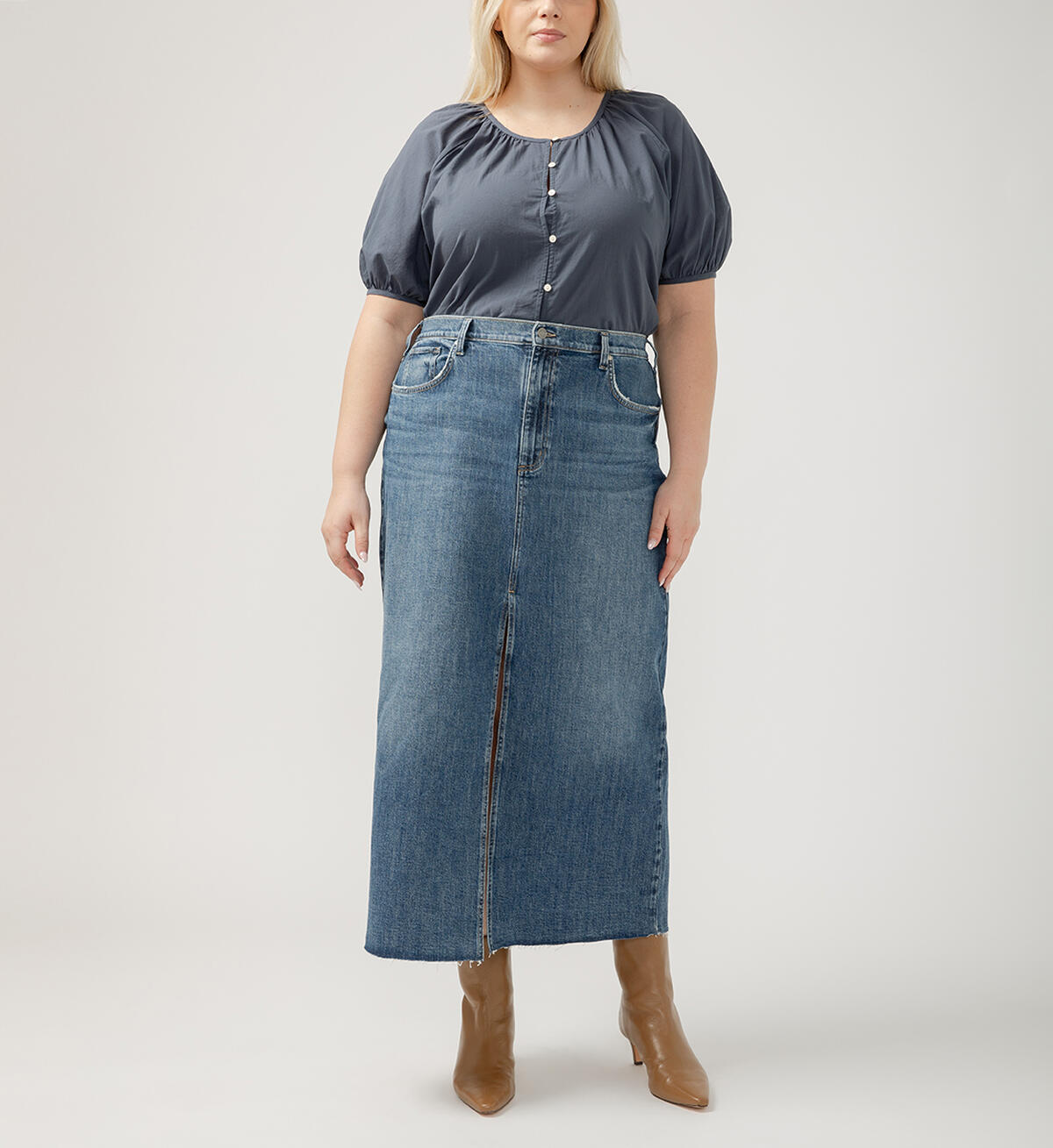 Front-Slit Maxi Jean Skirt Plus Size, , hi-res image number 0
