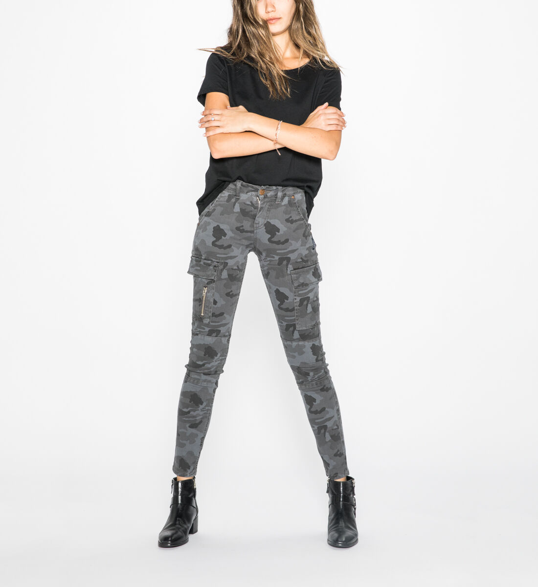 Buy Skinny Cargo Mid Rise Skinny Leg Pants for CAD 90.00 Silver